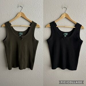 Lauren Ralph Lauren Vintage Cotton Ribbed Scoop Tie Neck Sweater Tank Tops